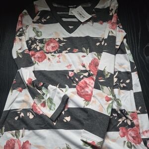 Women's Floral Striped Long Sleeve Top - Black, White, and Pink